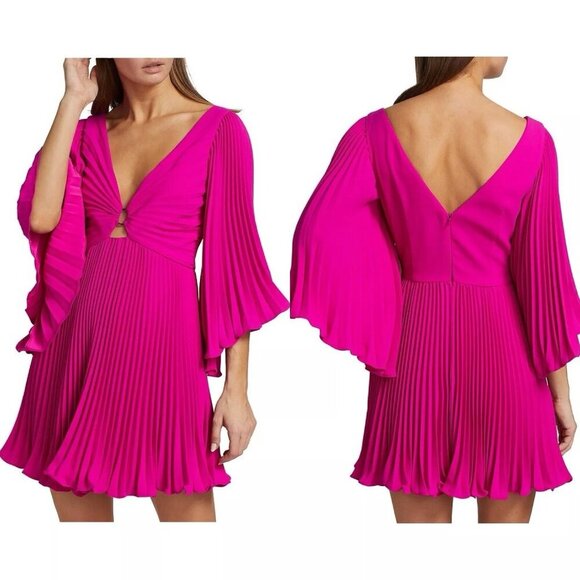 NWT Monique Lhuillier Pleated Crepe Magenta Mini Dress Size 4 Plunge V-neck - Picture 2 of 7